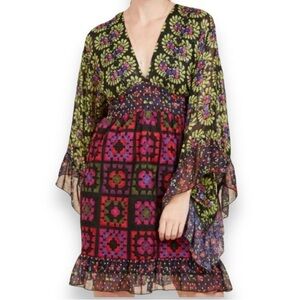 Anna Sui Embroidered Silk Flutter Sleeve Dress Medium 💜💚